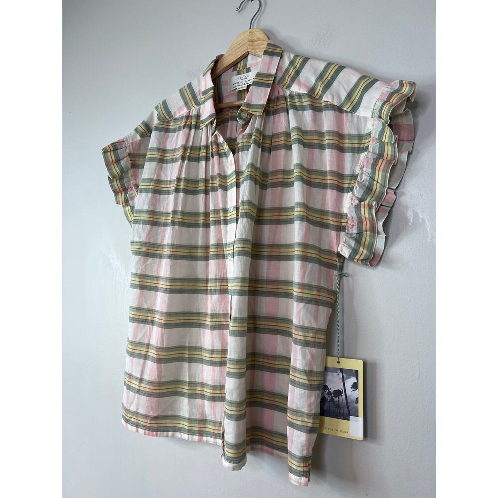 NWT Birds of Paradis Marianne B Ruffle Sleeve Top in Pomela Plaid Green & Pink - Picture 3 of 10